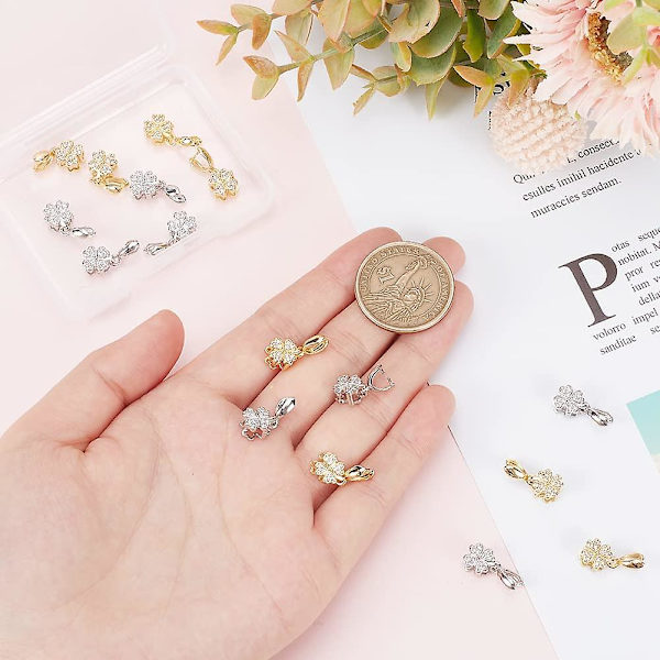 20 stk. 2 Farver Firkløver Isøkse Klemmebøjle Platin Lås Bøjle Gylden Snap On Bøjle Cubic Zirconia Klemme Clip Dingle Vedhæng Forsyninger Til St.