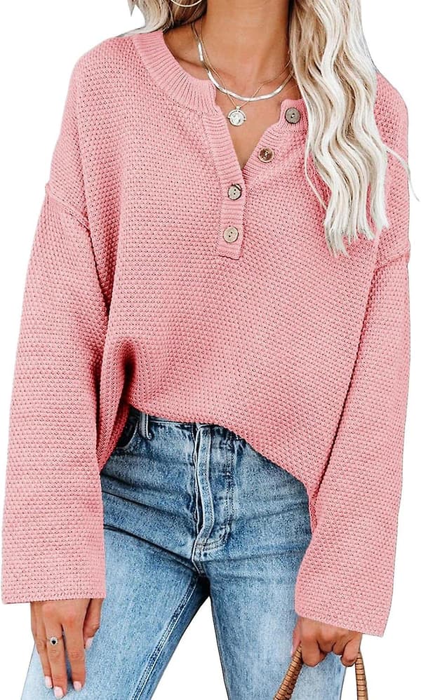 Oversized V-hals Knapp Henley Toppar Dam Batwing Långärmad Lös Jumper, Perfekt För Vintern