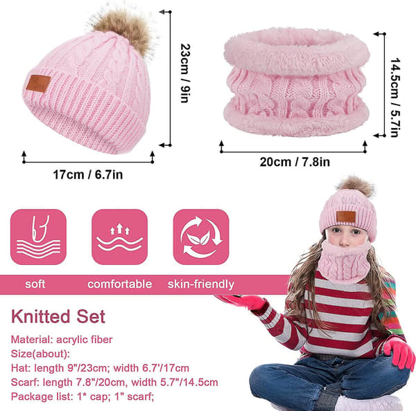 Varm stickad mössa halsduk set för Acsergery barn, vinter tjock fleece termisk stickad mössa hals present
