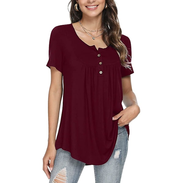 Kvinnors vår-sommar Henley-skjortor Knäppta tunikor Toppar 2023 Casual Kortärmad blus T Wine Red XXL