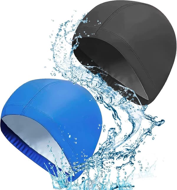 Badmössa för vuxna, Win-win 2-pack elastiska badmössor Pu-tyg simhatt unisex nylon badmössa (blå+svart)