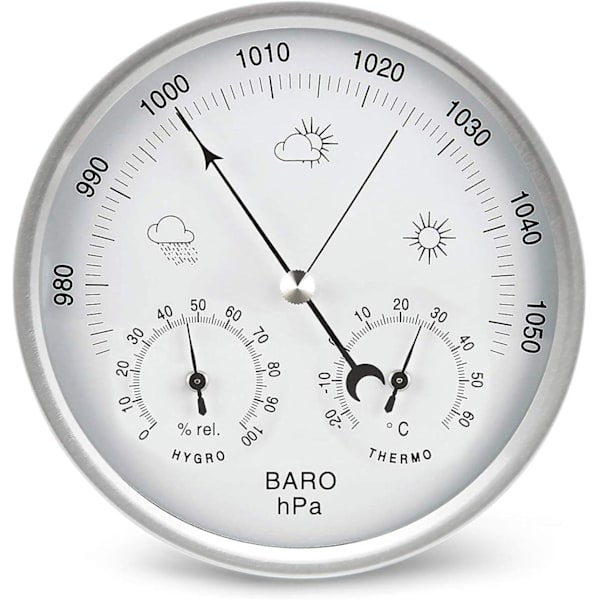 Vejrstation, analogt barometer med termometer, hygrometer og lufttryksmålinger, designet til enkelhed og let læsbarhed