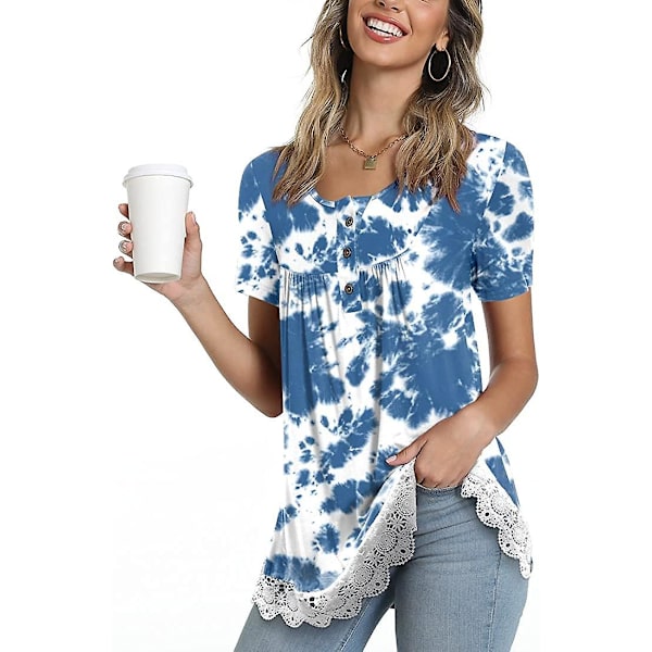 Kvinnors vår-sommar Henley-skjortor Knäppta tunikor Toppar 2023 Casual Kortärmad blus T Dye Blue M
