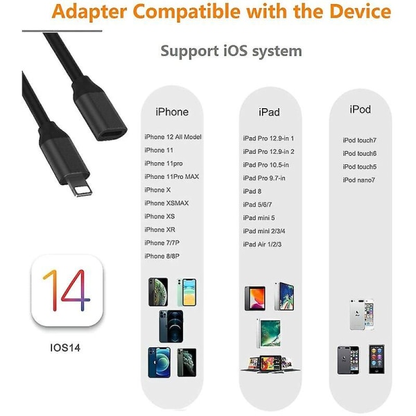 Lightning-kabel förlängning 1m för iPhone iPad, Apple Mfi-certifierad iPhone-förlängningssladd hona till hane-kontakt överför ljudvideo musik dataöverföring