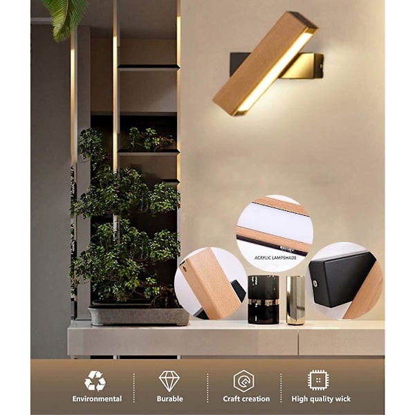 360° Roterende LED Væglampe, Indendørs Væglampe 21x4x4,5cm 4w Varm Hvid Med Sort Base 220v, Sengelampe Til Soveværelse Stue Gang Trappeopgang