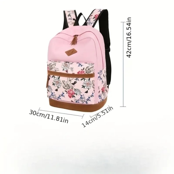 Vintage print ryggsäck, blixtlås Klassisk förvaringsresedagssäck med lunchhandväska och clutchplånbok rosa