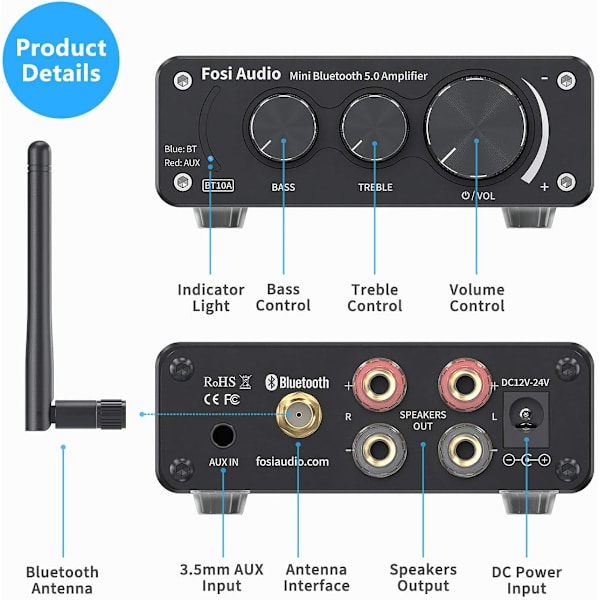 Bluetooth 5.0 Forstærker Stereo Effektforstærker, 2 Kanal Klasse D Mini Hi-Fi Integreret TPA3116 Effektforstærker, til Højttalere i Hjemmet 50W x 2