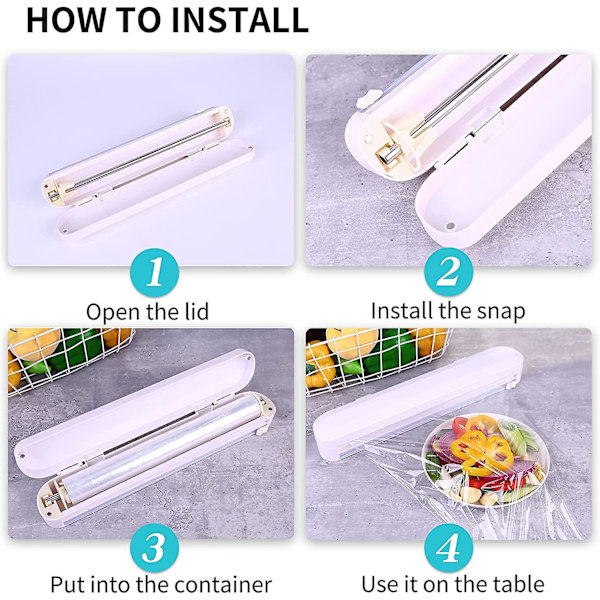 Med skyvekutter, matfoliekutter, gjenbrukbar plastfoliekutterdispenser, dobbel elastisk spenne, justerbar lengde for aluminiumsfolie, plastfolie
