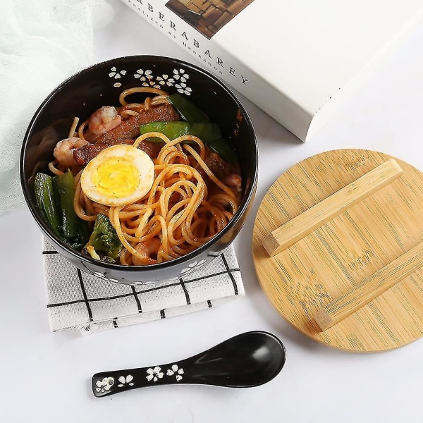 Ramen skål set, japanska Ramen nudelskålar med sked med lock, stor keramisk soppskål, handritad svart risskål 6,5 tum-p Retro nudelskål