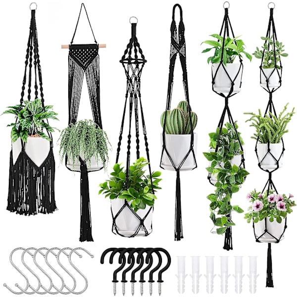 Macrame växtupphängare - 6-pack hängande krukor för inomhusväxter med 6 set