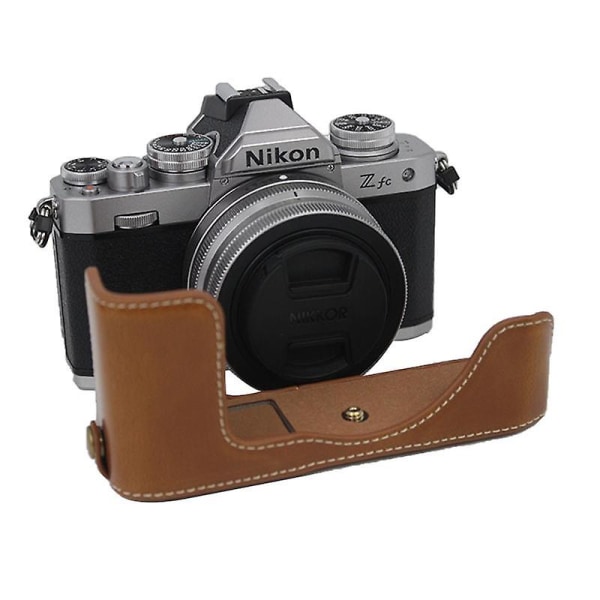 Avtagbar kameraväska i PU-läder för Nikon Z fc 28mm batteriöppning + linsficka + axelrem Brown