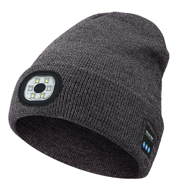 (grå) Bluetooth V5.0 Led Beanie, Musikstickade mössor med halkfria handskar, 3 lägen och 6 LED-strålkastare, USB uppladdningsbara, tvättbara, varma stickade mössor
