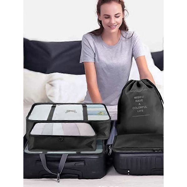 Resväska Organiseringsset - Hållbart Resepackning Cube Set med Stor Kapacitet, Kompressionsväska, Andningsbar Vattentät Reseförvaringspåse Black