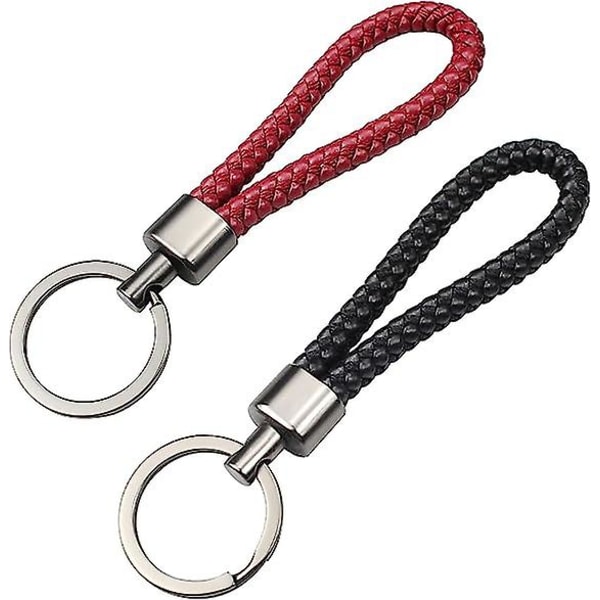 2 delar flätad lädernyckelring Flätad bilnyckelring i PU-läder Multifunktionsnyckelring för bilnyckelring för män och kvinnor Nyckelhänge, svart och röd