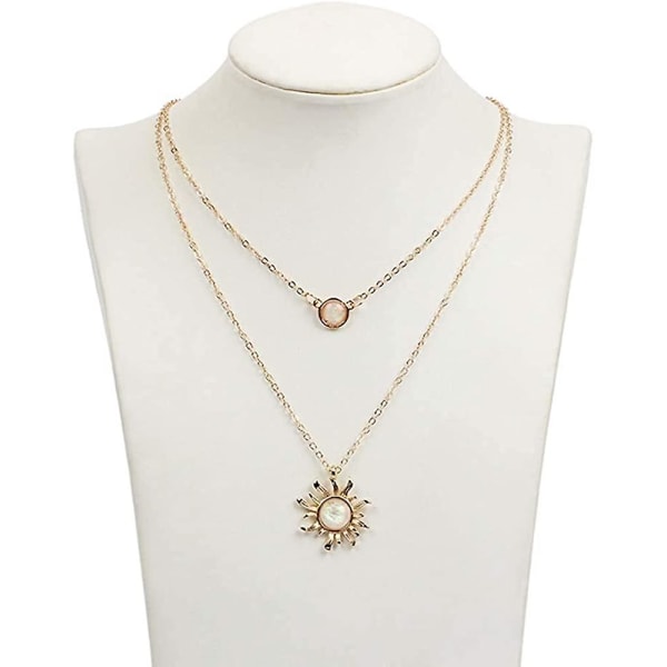Mån Sol Skiktad Choker Dubbla Kedjor Solros Med Kristallhänge Berlock Halsband Smycken Bff Gåvor Till Kvinnor Flickor