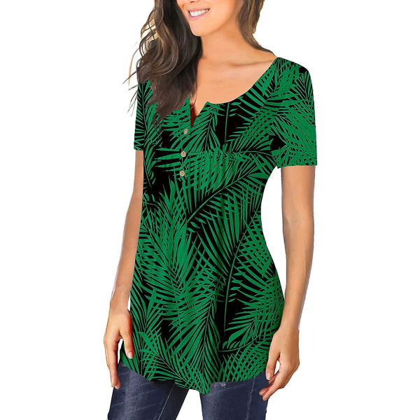 Dame Tunika Topper Ensfarget Plissert V-hals Knapper Bluse Blomstertrykte Damer Blackflo M
