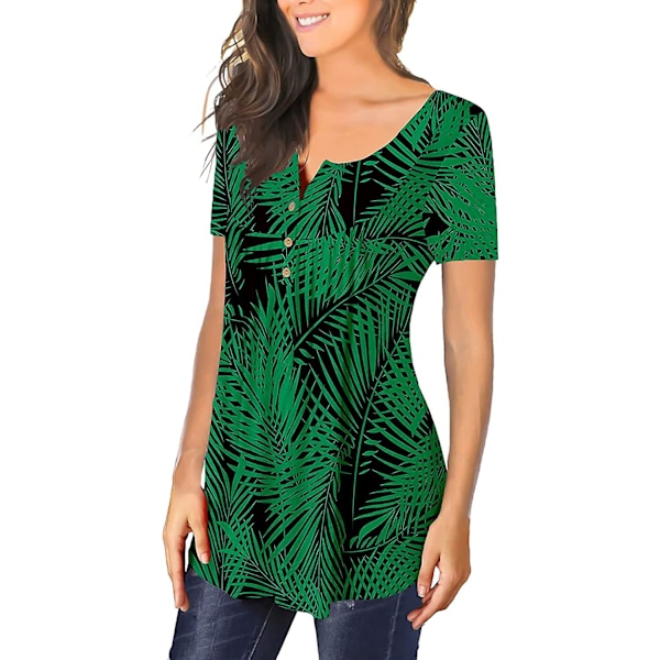 Dame Tunika Topper Ensfarget Plissert V-hals Knapper Bluse Blomstertrykte Damer Flolace M