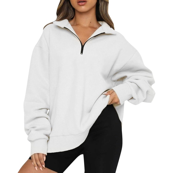Dame Oversized Halvzip Trøje med Lange Ærmer - Efterårssweatshirt - Kvartzip Trendy Hoodie Outfits til Teenagere m0 white XX Large
