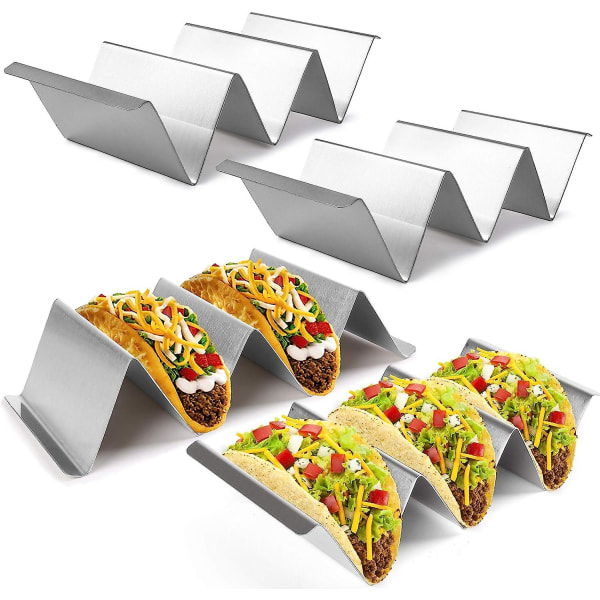 Ställ för hållare, ställ med handtag, set med 4 serveringsbrickor i rostfritt stål, enkla att fylla tacoplattor, ugnsgrill diskmaskinssäker, rymmer upp till 3 eller 2 ta