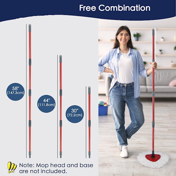 Spin Mop -varren vaihto-osa, yhteensopiva O-Ceda Spin Mop -moppien ja -ämpäreiden kanssa, 4-osainen 76 cm - 147 cm moppivarsi, moppikeppi lattianpesuun - GSLA