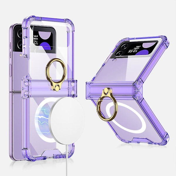 Magnetiskt Magsafe-fodral kompatibelt med Galaxy Z Flip 4, genomskinligt TPU-skyddsfodral med ringhållare och gångjärnsskydd Clear - Purple For Galaxy Z Flip 4