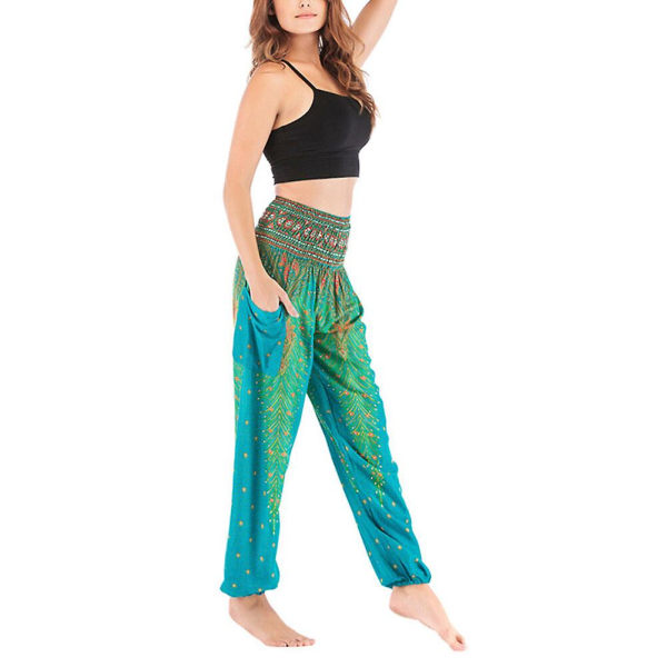 Boho Yogabyxor för kvinnor - Pilatesbyxor med printed och lös passform och baggy haremsstil - Perfekt för strand, yoga, dans och mer Lake Green One Size