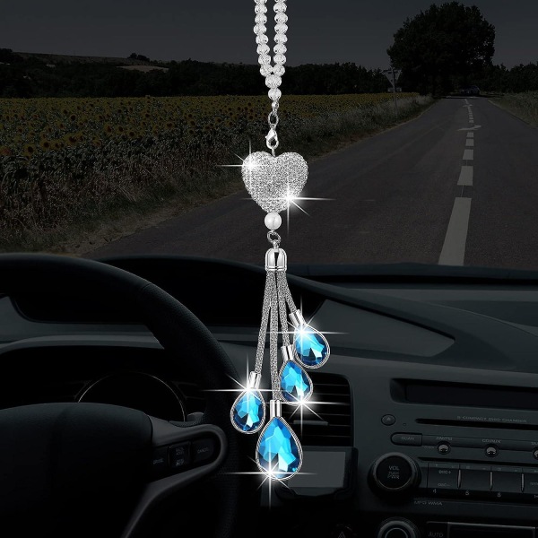 Bling Heart Diamond Bildelar, Crystal Car Mirror Pendant Bildekoration, Lucky Trailer Interior Pendel (kedjans längd 9,8", blå)