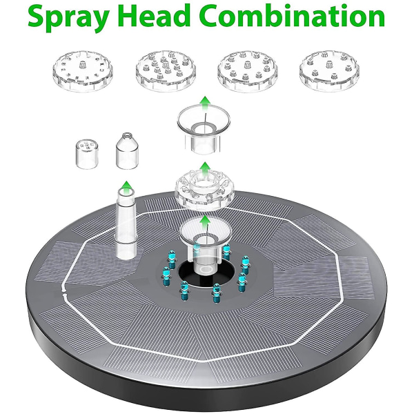 Solcellsfontänpump 5,5w Färgglada LED-lampor, Solcellsvattenpump med 3000mah batteri och 7 dubbla spraymunstycken, för fågelbad, fisk