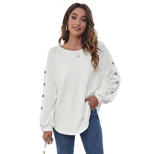 Dame Toppe Efterår Langærmet Løs Pasform Casual Pullover T-shirts hvid L