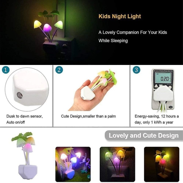 Nattlampa för barn för eluttag, Baby Led Mushroom Night Light, Skymningssensor Nattlampa, Flerfärgad Nattlampa, Nattlampa för Newb