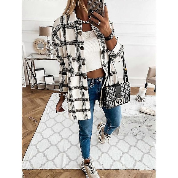 Dame Tøjternet Shacket Jakke Langærmet Knap Flannel Skjorter White S