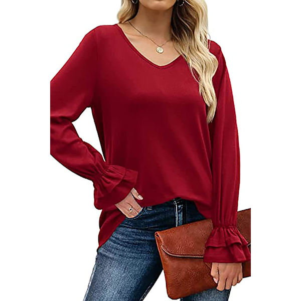 Dame Ensfargede Topper Casual V-hals Ruffle 3/4 Bell Erme Bluse Tunika Løs Skjorte Wine Red L