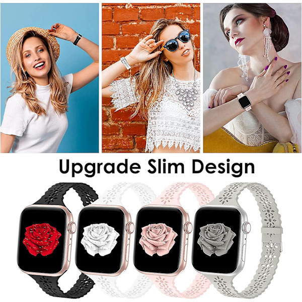 [ 4-pack] Spetsband i silikon kompatibelt med Apple Watch-band 38 mm 40 mm 41 mm, smalt tunt ihåligt iwatch-sportarmband med klassiskt spänne