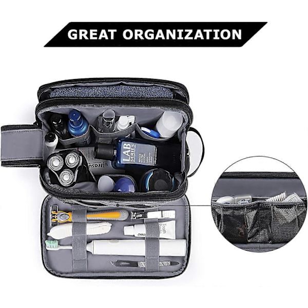 Toalettsak för Män Vattentät Rakning Dopp Kit Övernattning Tvålåda Kosmetikväska Badrum Toalettartiklar Organizer PU Läder (Svart)