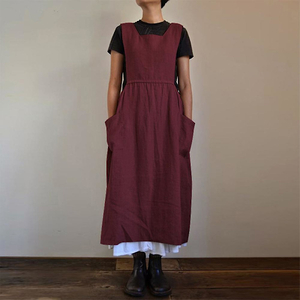 Kvinnors klänning casual lös enfärgad pinafore långa remmar förkläde bomull linne overall klänningar med fickor, beige red M