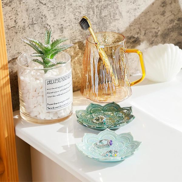 Boho Ringfat Liten Smyckeskål Keramik Prydnadsbricka Kristallhållare 2 Set Boho Dekor