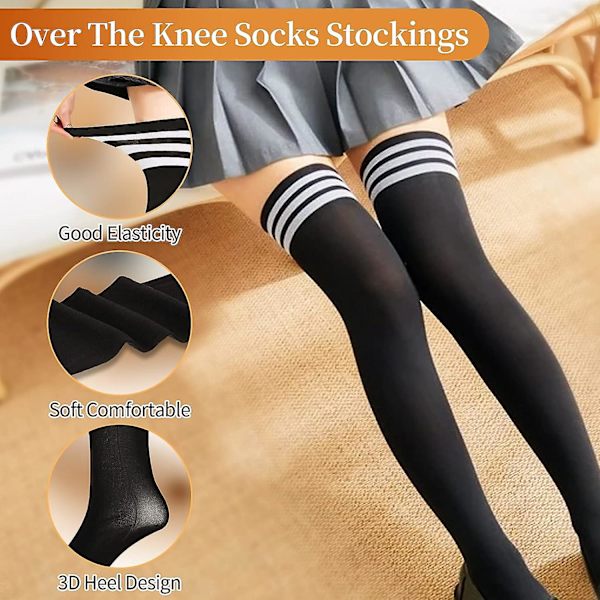 4 Par Over Knee Lårstrømper Hold Up Strømper Til Kvinder Hold Up Strømper Over Black white bars white M