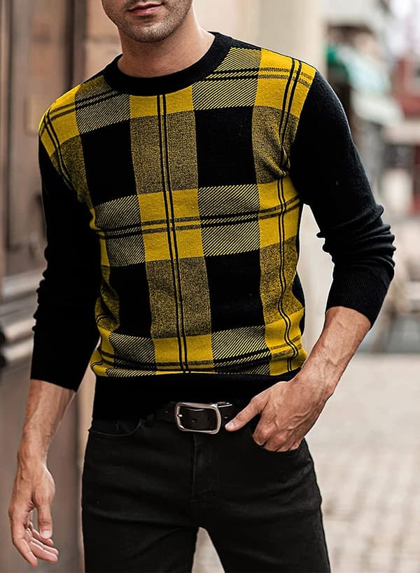 Herre Jumper Vinter Plaid Sweater Rund Hals Pullover Jumpere Strik Casual Efterår