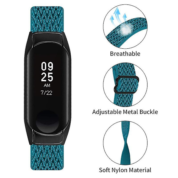 Stretchig nylon anti-scratch justerbar handledsrem för Xiaomi Mi Band 3/4, med svart klockram Cyan