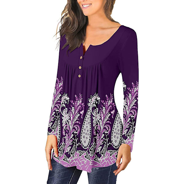 Dame Tunika Topper Ensfarget Plissert V-hals Knapper Bluse Blomstertrykte Damer Mixblue 1 S