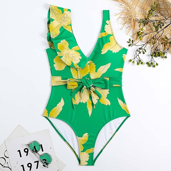 Baddräkt i ett stycke för kvinnor, smal retrotryckt XL 08 Green