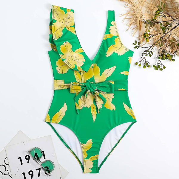 Eldel Badedrakt for Kvinner, Hel Badedrakt, Tettsittende Retro Trykk L 08 Green