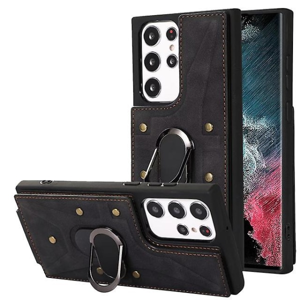 Magnetiskt case kompatibelt med Samsung Galaxy S23 Ultra, Pu- cover med ringhållare och kortplats Black For Galaxy S23 Ultra