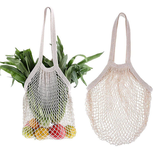 Mesh Shopping Bag, 2 återanvändbara bomullsnät shoppingkassar, bärbara och tvättbara vävda bomullskassar med långt handtag för frukt och grönsaker,