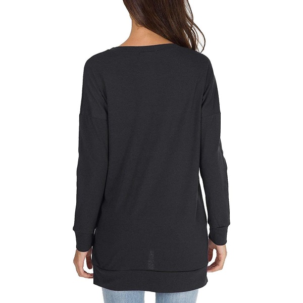 Dam långärmad sweatshirt med rund hals, sidodelad, casual tunika pullover t-shirt toppar Black S