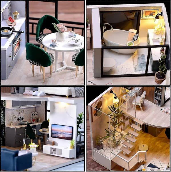 DIY Trähusdocka Kit, Dockhus Miniatyr med Möbler
