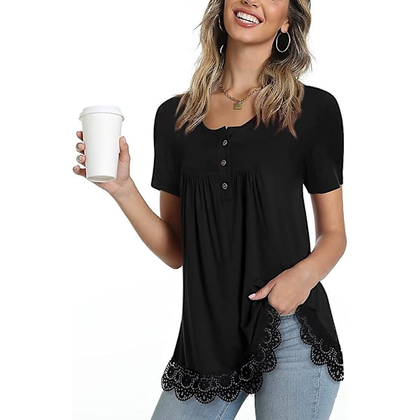 Dam Henley-skjortor med knappar, kortärmade blusar, vår-sommar 2023, casual Black A XXL