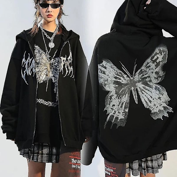 Y2k huvtröja dam höst och vinter Hip Hop Blixtlås Butterfly Huvtröja Dam Goth Punk Jacka Jacka Black M