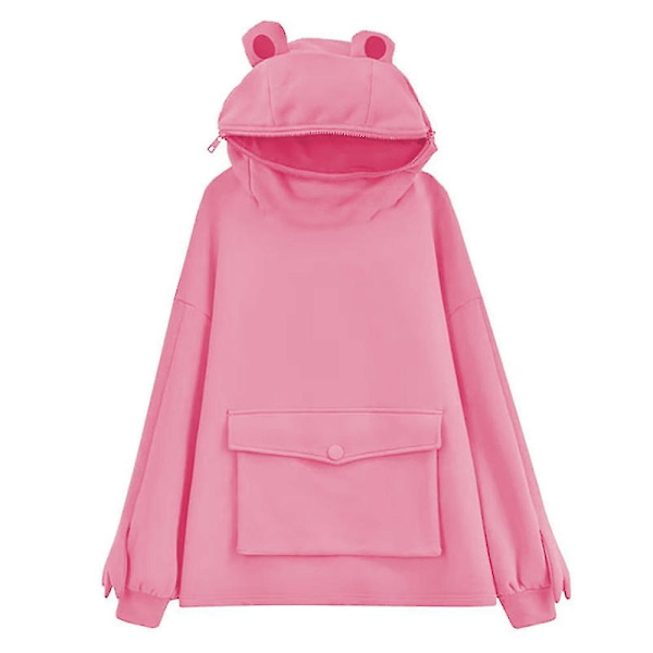 Naisten tyttöjen pusero Söpö sammakko huppari vetoketjullinen suu rento löysä tunika söpö cosplay -asu topit taskuilla Pink 2XL