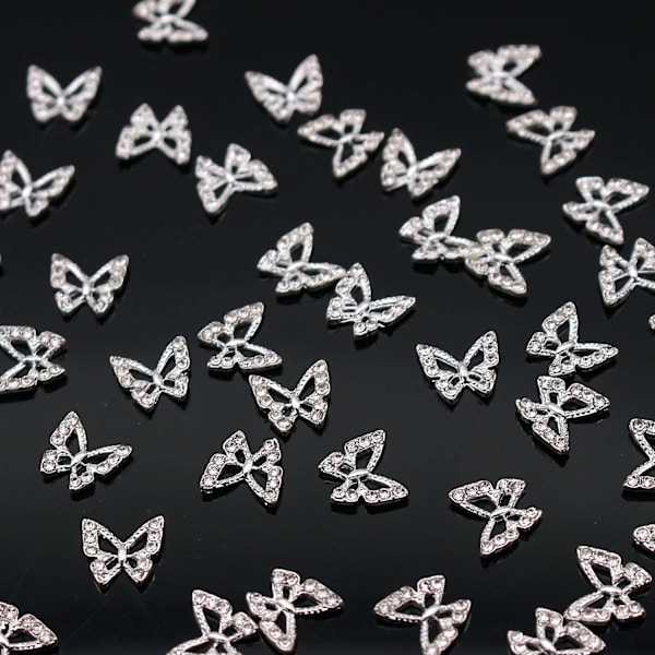 30 st 3D fjärilsnaglar för akrylnaglar silver 3D fjäril för naglar ihålig fjäril med strass prydda nageldekorationer för nagelkonst